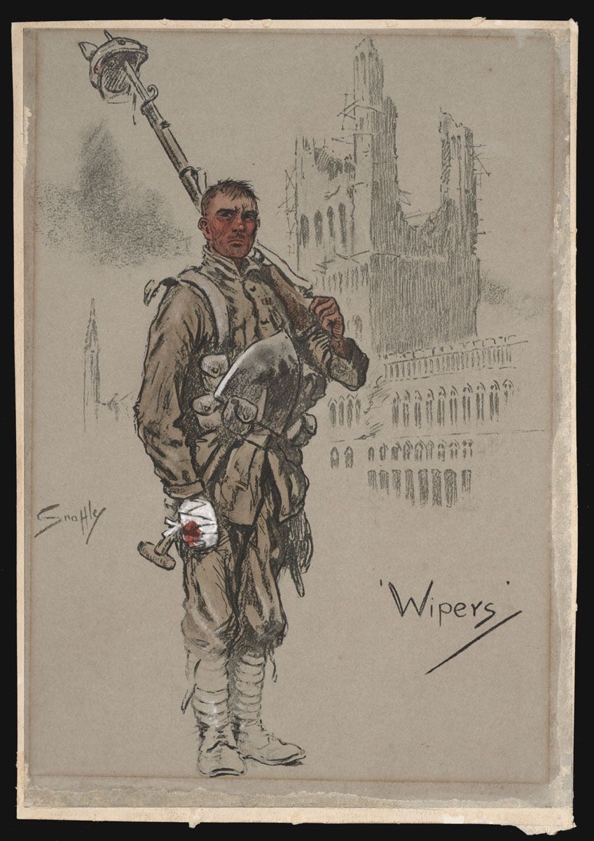 A hand coloured lithograph showing a soldier with a bandaged hand, with what appears to be the ruins of Cloth Hall in the background.
